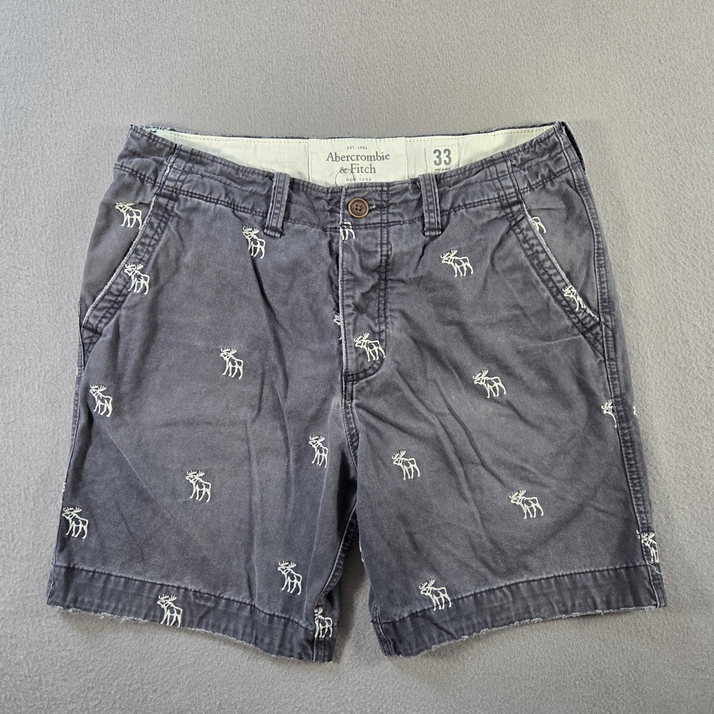 Abercrombie & Fitch Mens 33 Grey Moose Print Heavyweight Cotton Chino Shorts